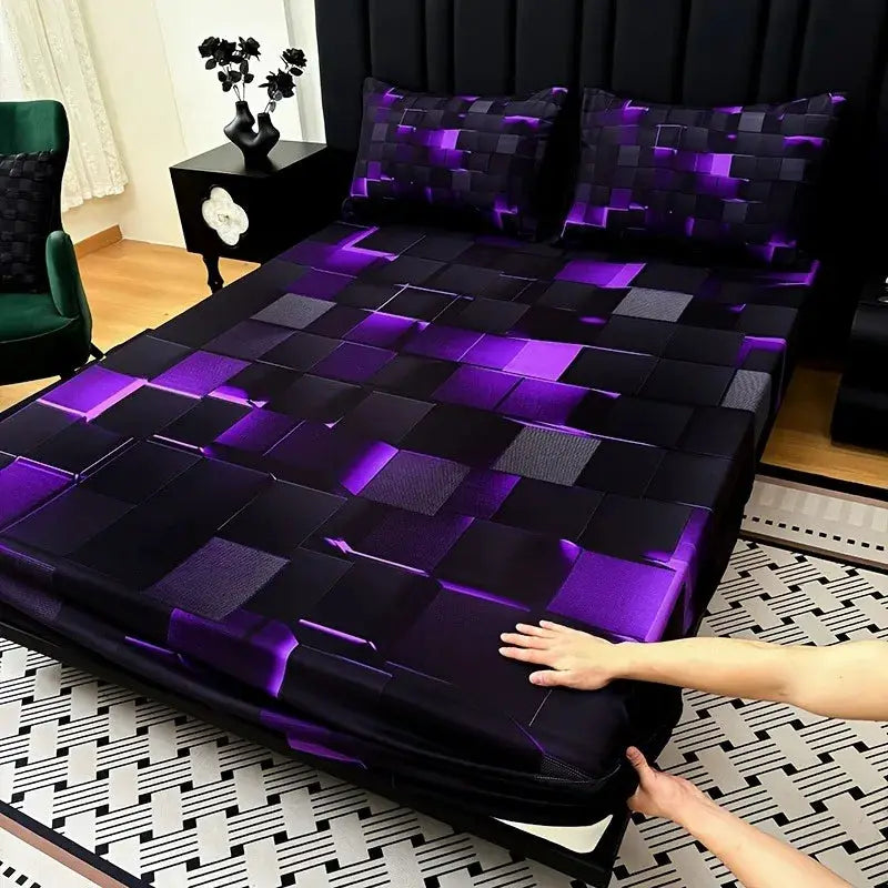 3pcs Cool Technology Digital Printing Material Plaid Fitted Sheet(1pc Bed Sheet+2pcs Pillowcase No Filling) Deep Pocket In 15 In from PriceLows™