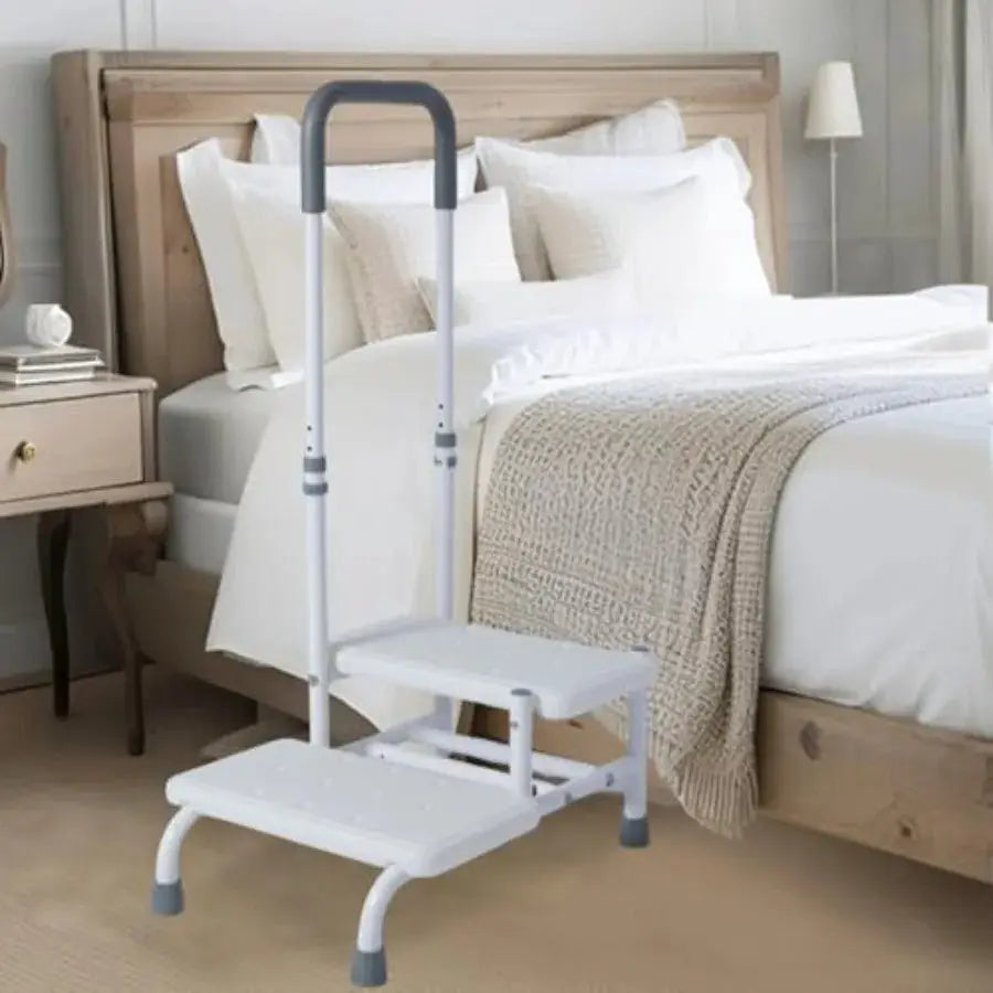 2 Step Stool with Handrail and 2 Casters for Elderly Bed Steps for High Beds for Adults Non Slip Platform and Adjustable Handra from PriceLows™