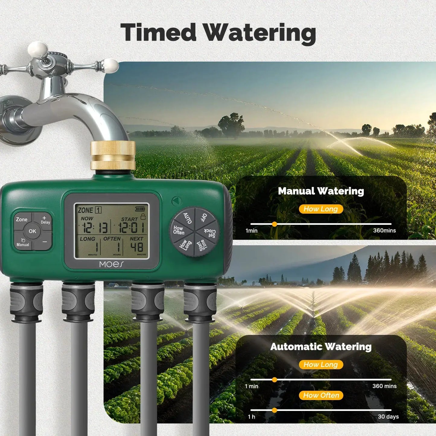 MOES Digital Water Timer 1/3/4 Outlet Brass Inlet Programmable Irrigation Controller LCD Display IPX5 Waterproof from PriceLows™
