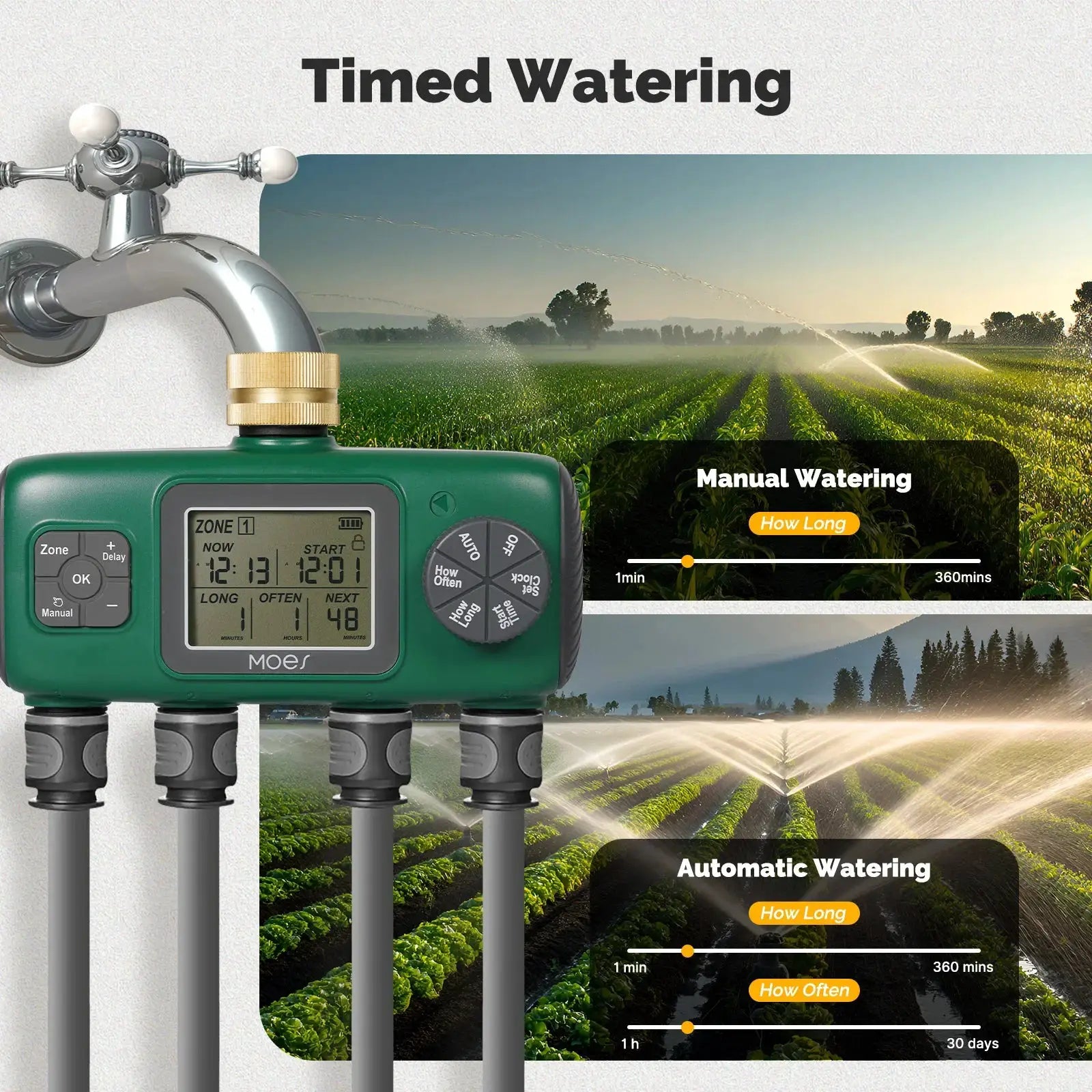 MOES Digital Water Timer 1/3/4 Outlet Brass Inlet Programmable Irrigation Controller LCD Display IPX5 Waterproof from PriceLows™