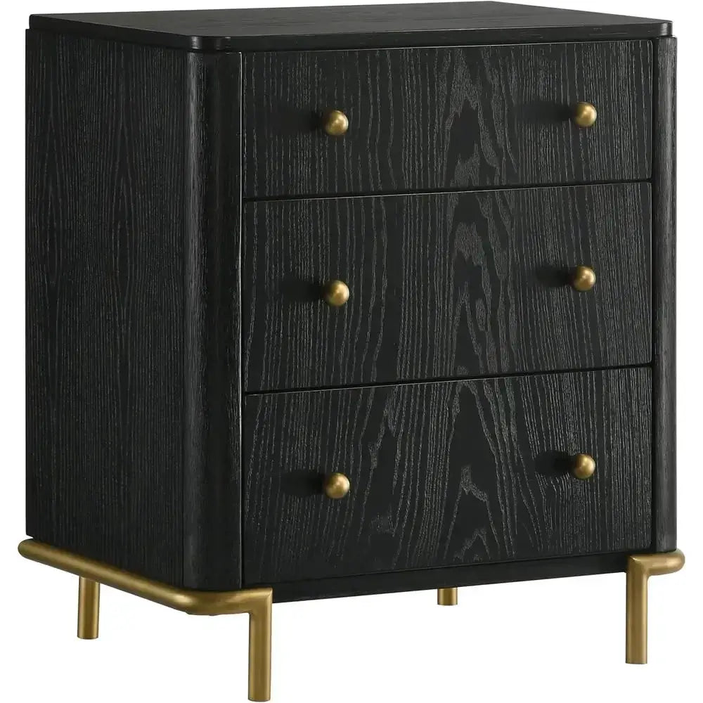 Wood 3-Drawer Nightstand with USB Ports, Soft-Lined Top, Aged Brass Knobs, Metal Base - Black from PriceLows™