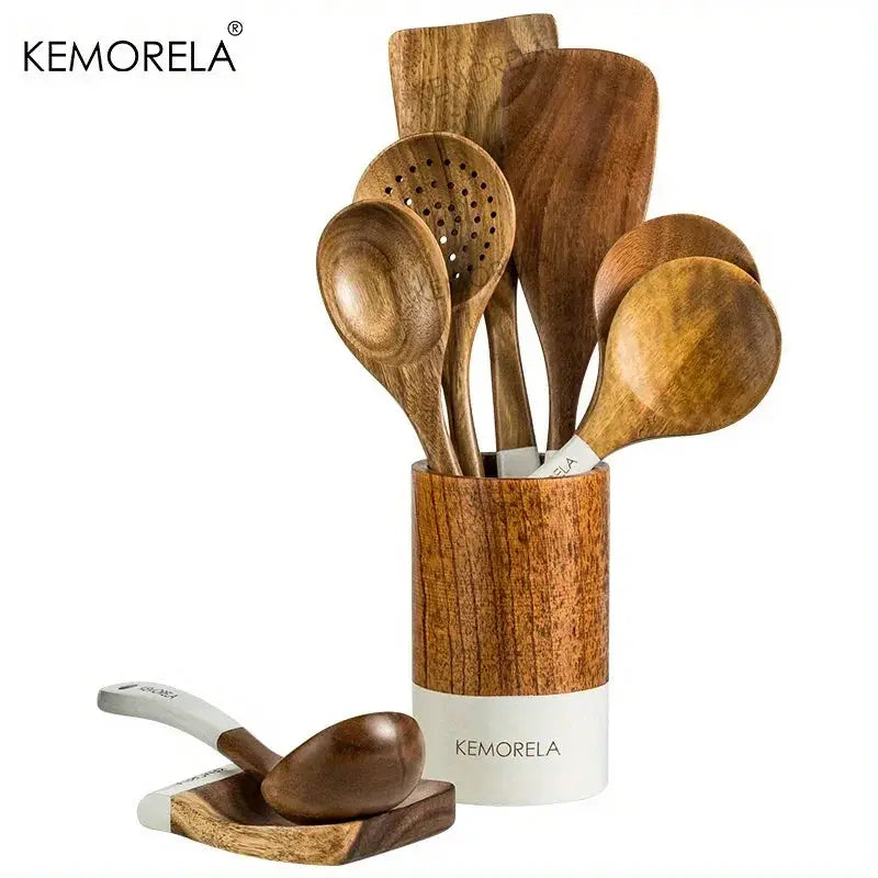 KEMORELA 9PCS Acacia Wooden Cooking Utensils Wooden Spoons for Kitchen with Utensils Holder and Rest Spatula Slotted Spoon from PriceLows™