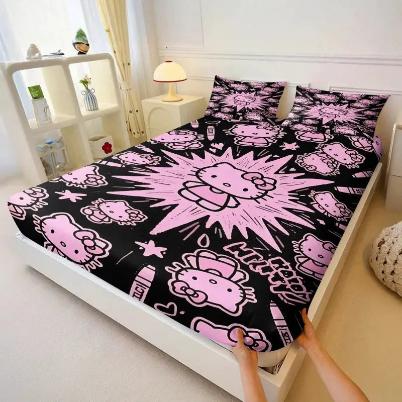 3Pcs Kawaii Hello Kitty Fitted Sheet Set With 2 Pillowcases purple Bed Sheet Soft Deep Pocket Bedding for Girls Bedroom Decor from PriceLows™