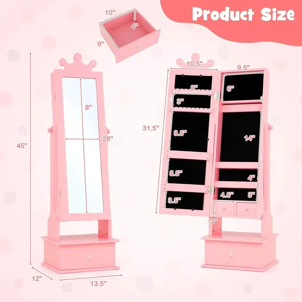 Children's Jewelry Armoire with Full-Length Mirror, 64 Ring Holders, Standing Storage Organizer for Girls, Pink from PriceLows™