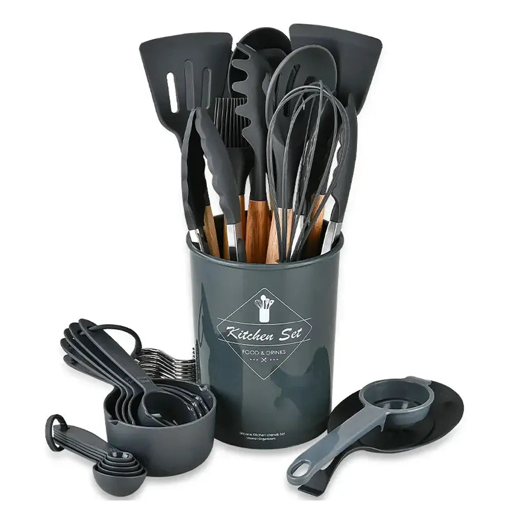 Silicone Kitchen Utensil Set | 34 Piece Collection | Wooden Handles | Black