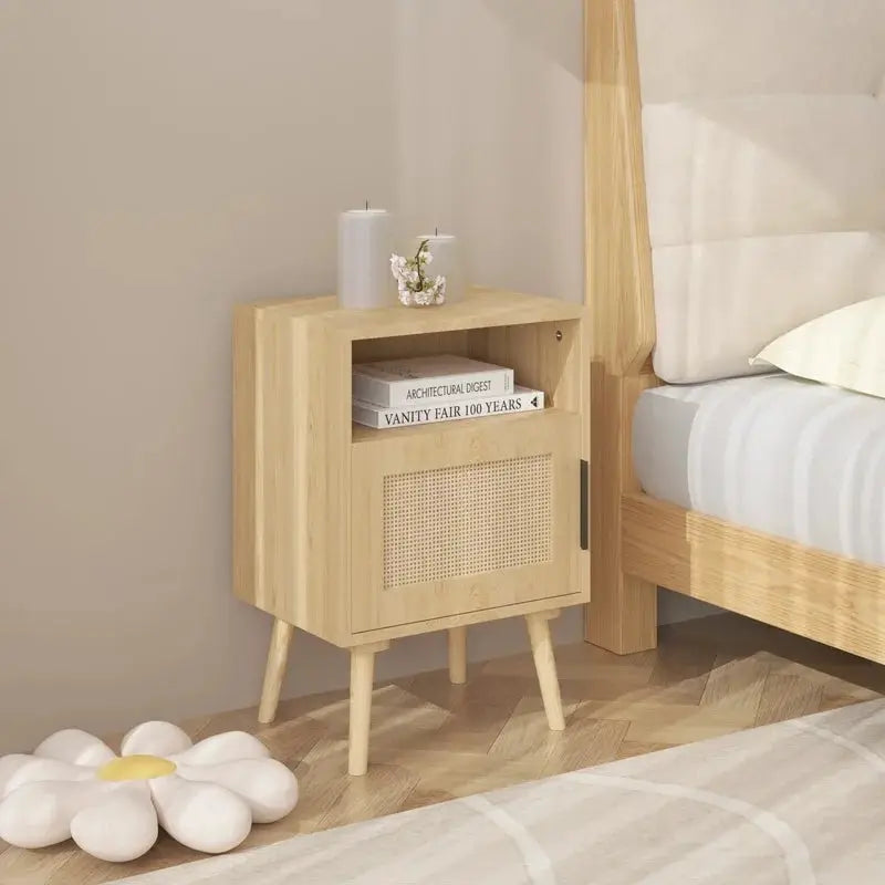 22.83'' Oak Wood Nightstand with Door and Open Shelf, Solid Wood Legs, Compact Bedroom Side Table for Dorm and Small Spaces from PriceLows™