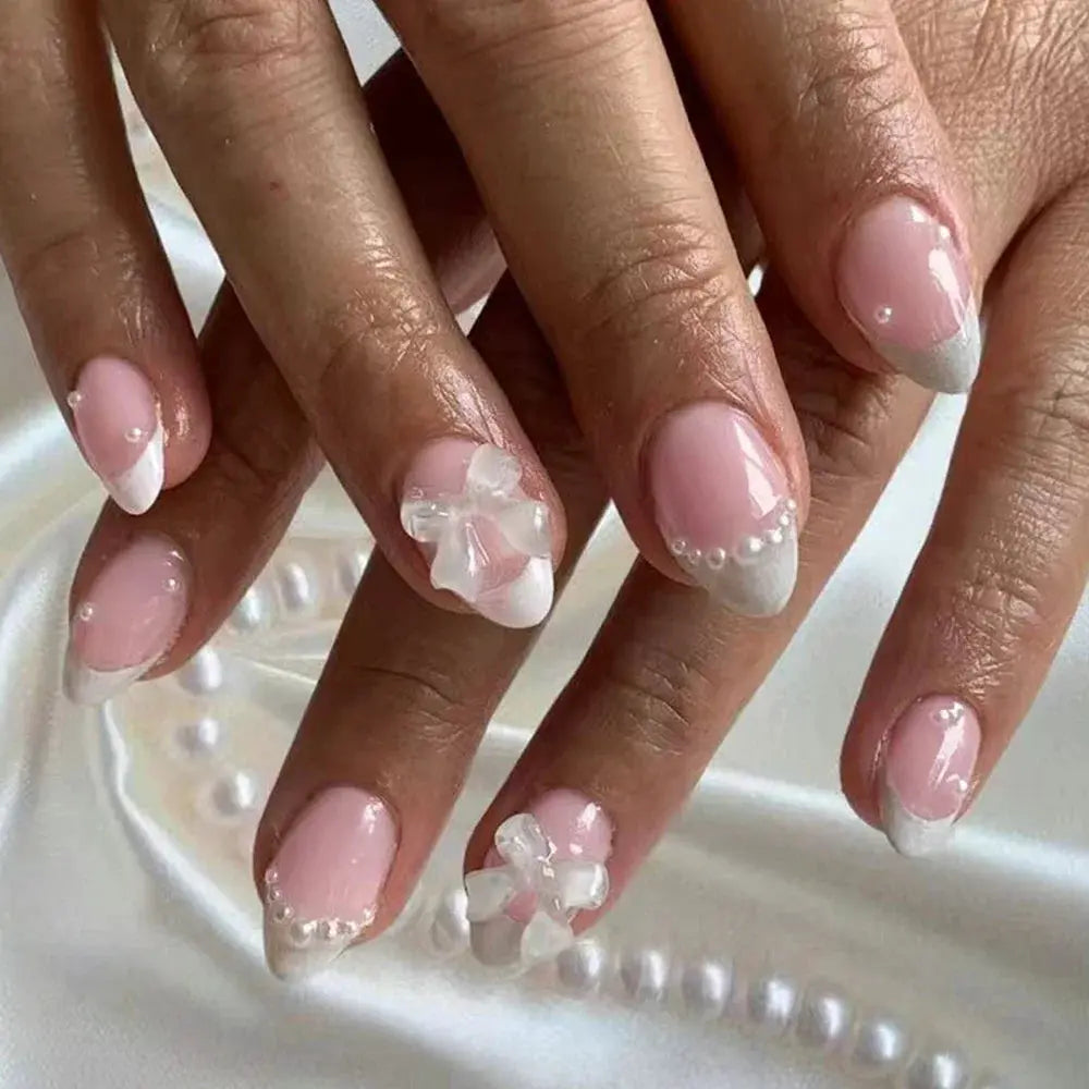 Press On Nails | Short Oval French Tip | 24 Pcs Self Adhesive | Pearl Bow