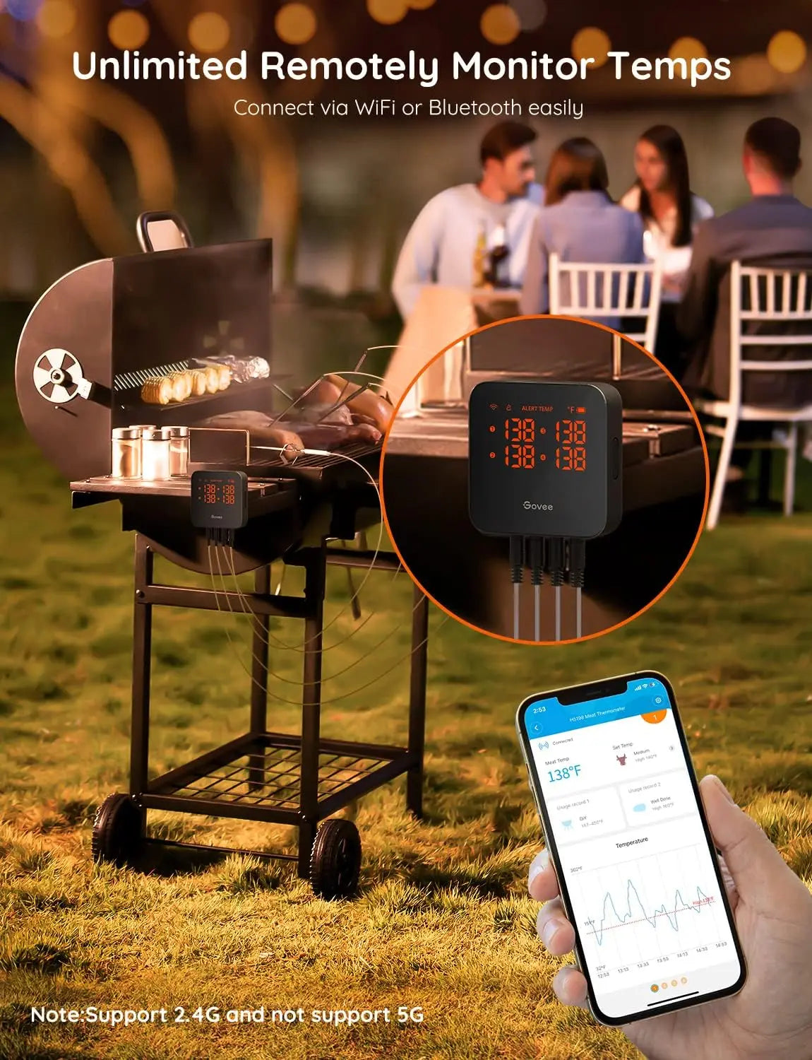 Smart WiFi Meat Thermometer | 4 Probes | WiFi Bluetooth | App Alerts