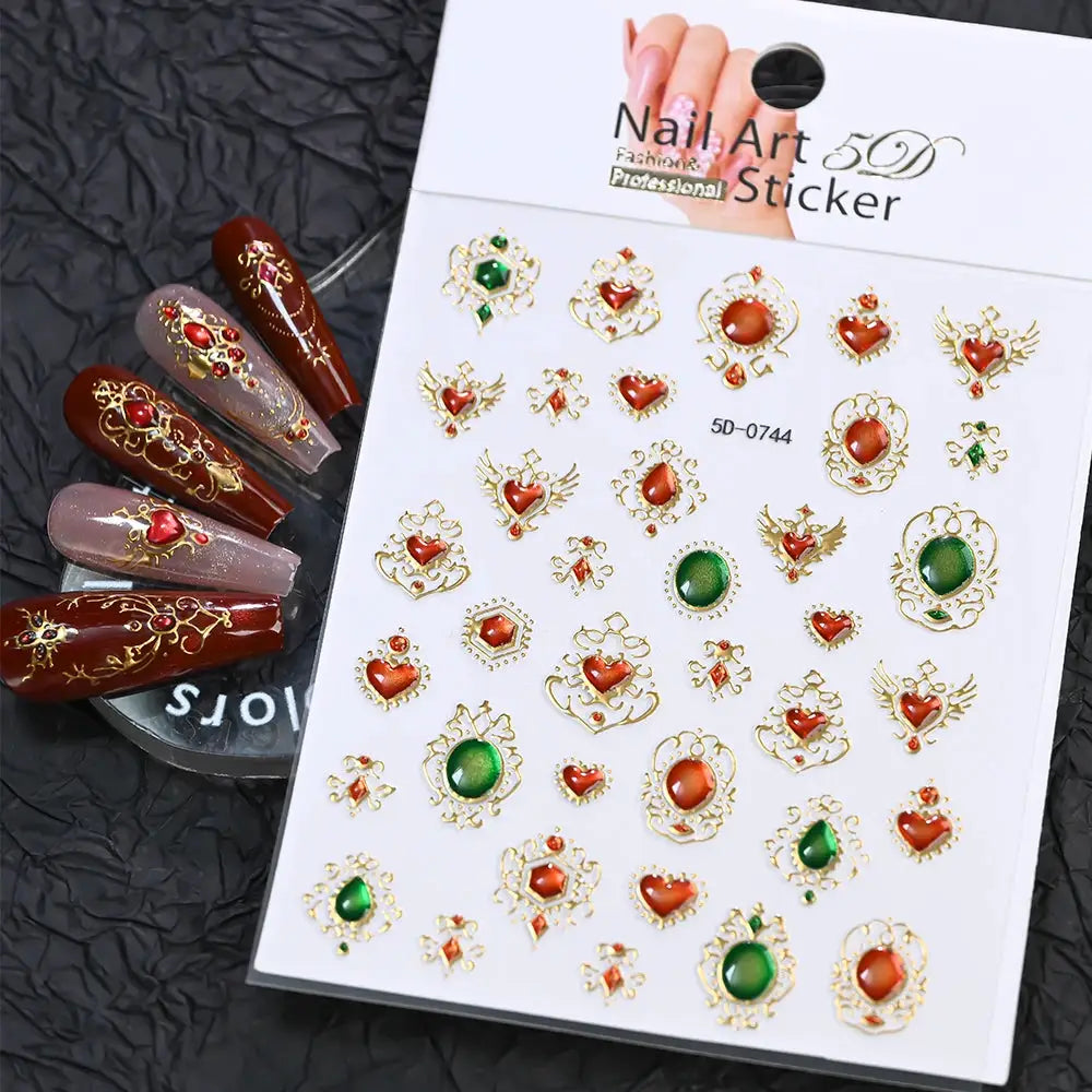 5D Embossed Emerald Gemstones Nail Art Stickers Luxury Golden Frame Baroque Flower Nail Decals Green Rhinestones Nail Supplies from PriceLows™