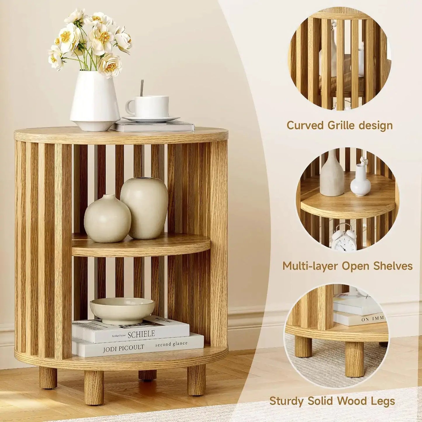 Round End Table, Wood Bedside Table, Mid Century Modern Nightstand with Open Storage Shelf, 3 Tier Small Side Tables for Living Room, Bedroom, Curved Profile Design, Natural Oak(2-Pack) from PriceLows™