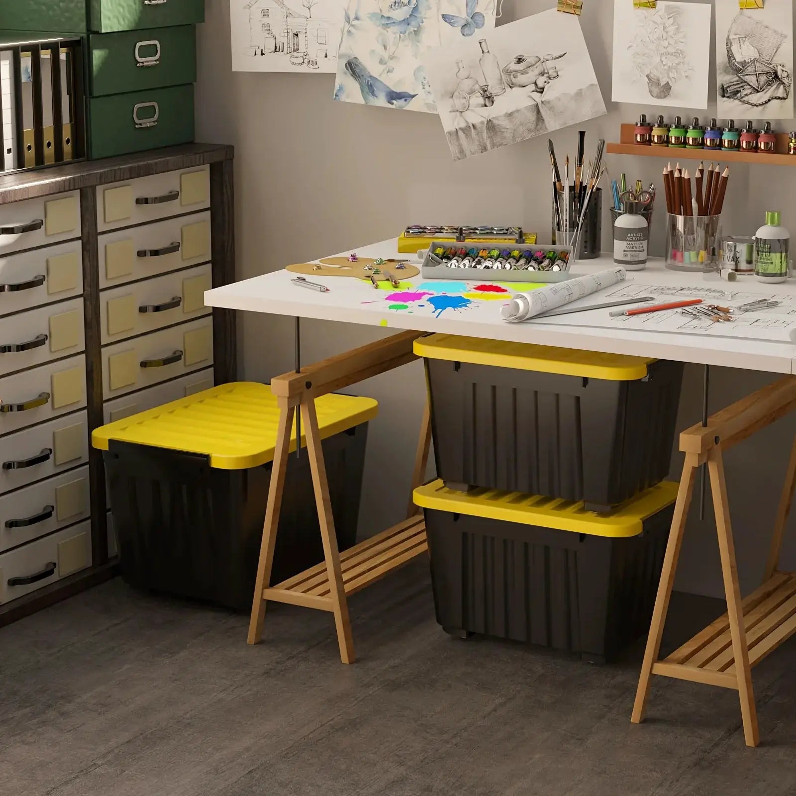 4/6 Pack of Storage Boxes with Lids And Wheels, 72 And 97 Quarts Capacity, Ideal for Storing Various Household Items, Stackable, Available in Three Colors from PriceLows™