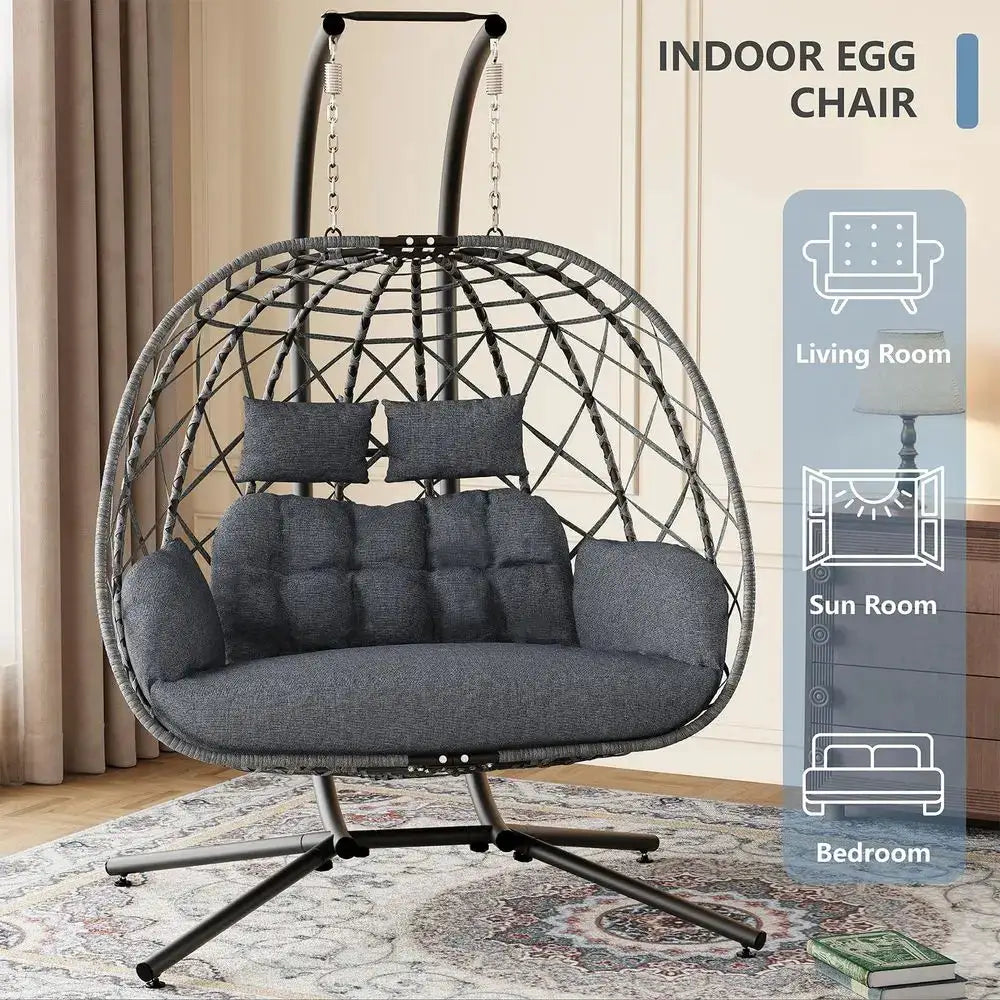 Double Egg Swing Chair with Stand, 2 Person Outdoor Indoor Hammock Hanging Chair with Cushion for Patio Living Room 650 LBS Cap from PriceLows™