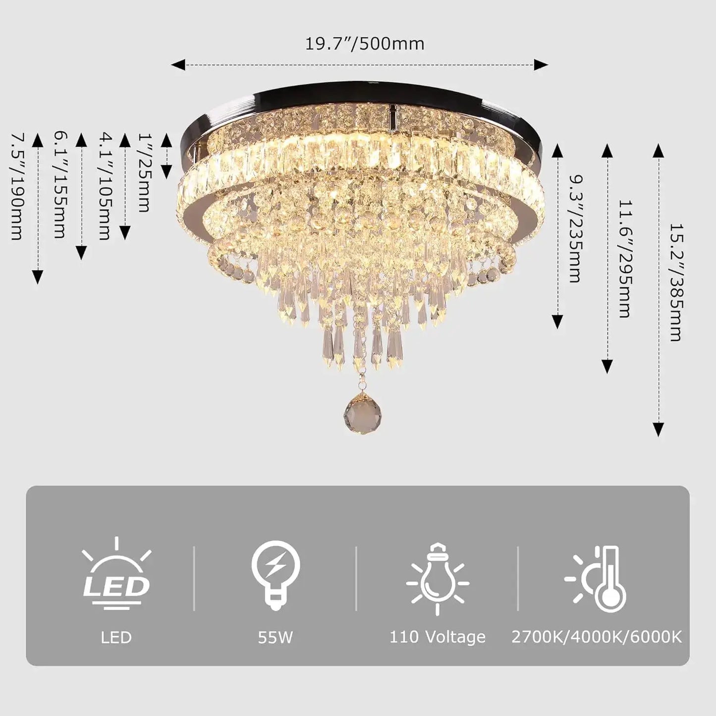 19.7" Modern Crystal Chandelier Ceiling Light LED Chandeliers Flush Mount Ceiling Light Fixture for Bedrooms Living Dining Room from PriceLows™