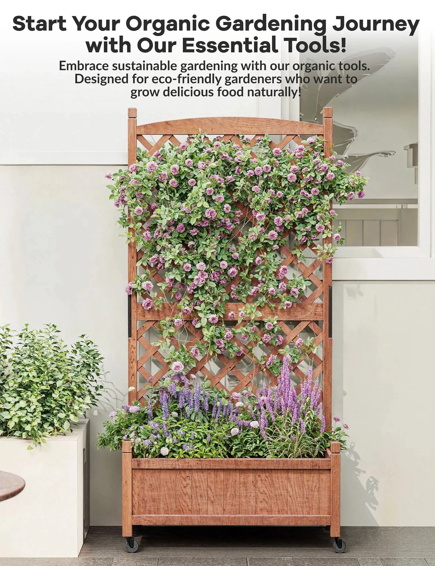61.5" Wood Planter Box Raised Garden Bed With Trellis/Wheels For Plant & Flower, Standing Vertical Horticulture Trellis Planter from PriceLows™