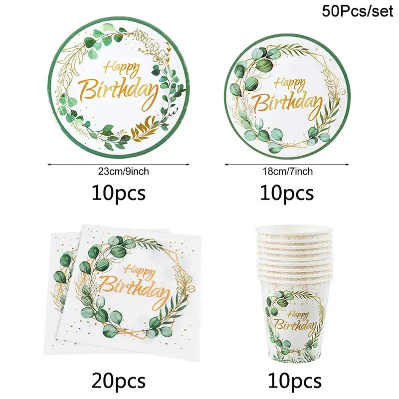 Eucalyptus Leaf Tableware Set | Paper Plate Cups Napkins | Kids And Adults Party Supplies