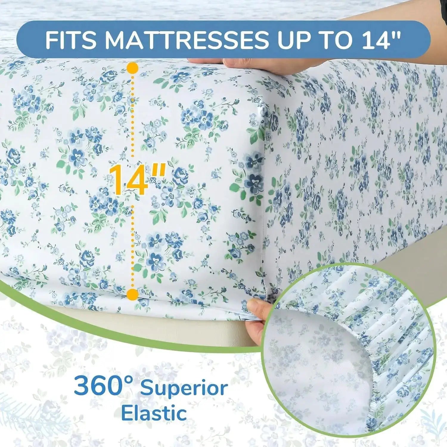 Queen Size 4-Piece Sheet Set, Soft Breathable Bedding with Deep Pocket Up to 16", Wrinkle-Free & Cooling - Blossoms Light Blue from PriceLows™