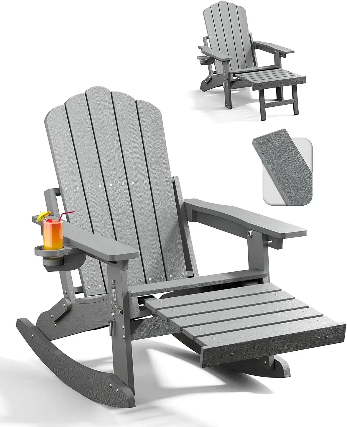 Adirondack Rocking Chairs with Retractable Ottoman & Cup Holders, 6-in-1 Folding HDPE Outdoor Rockers for Patio, Porch, Lawn from PriceLows™