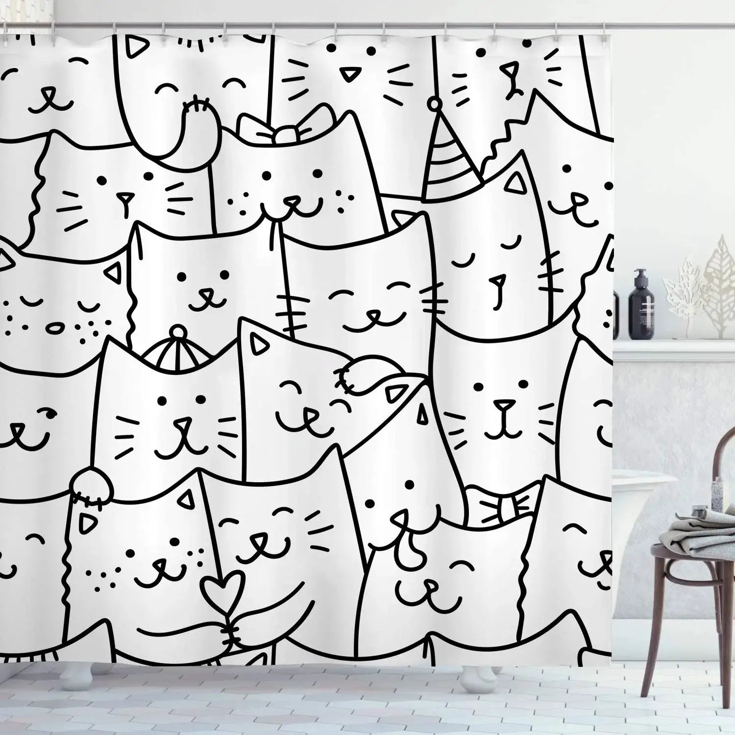 Cute Cat Pattern Shower Curtain - Fun Cartoon Design for Playful Bathroom Décor, Waterproof, Easy Care & Soft Fabric from PriceLows™