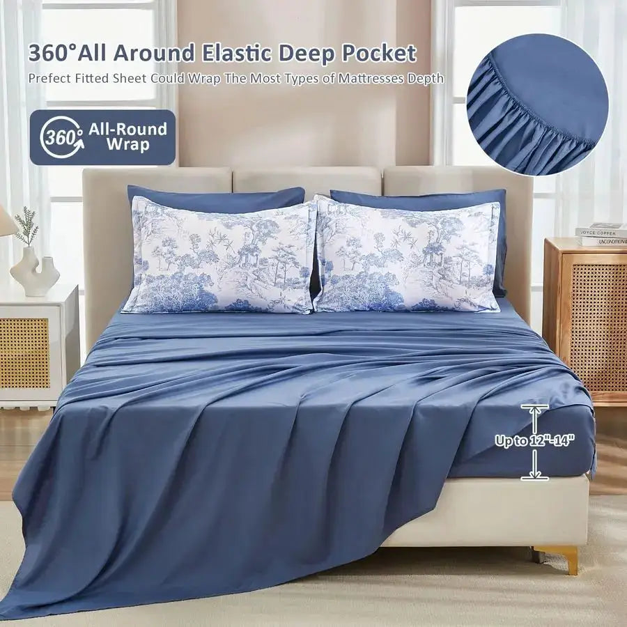 Blue Comforter Set Queen, 7 Pieces Bed in a Bag Queen Size Botanical Comforters with Sheets Elegant Plants Print Soft Microfiber from PriceLows™