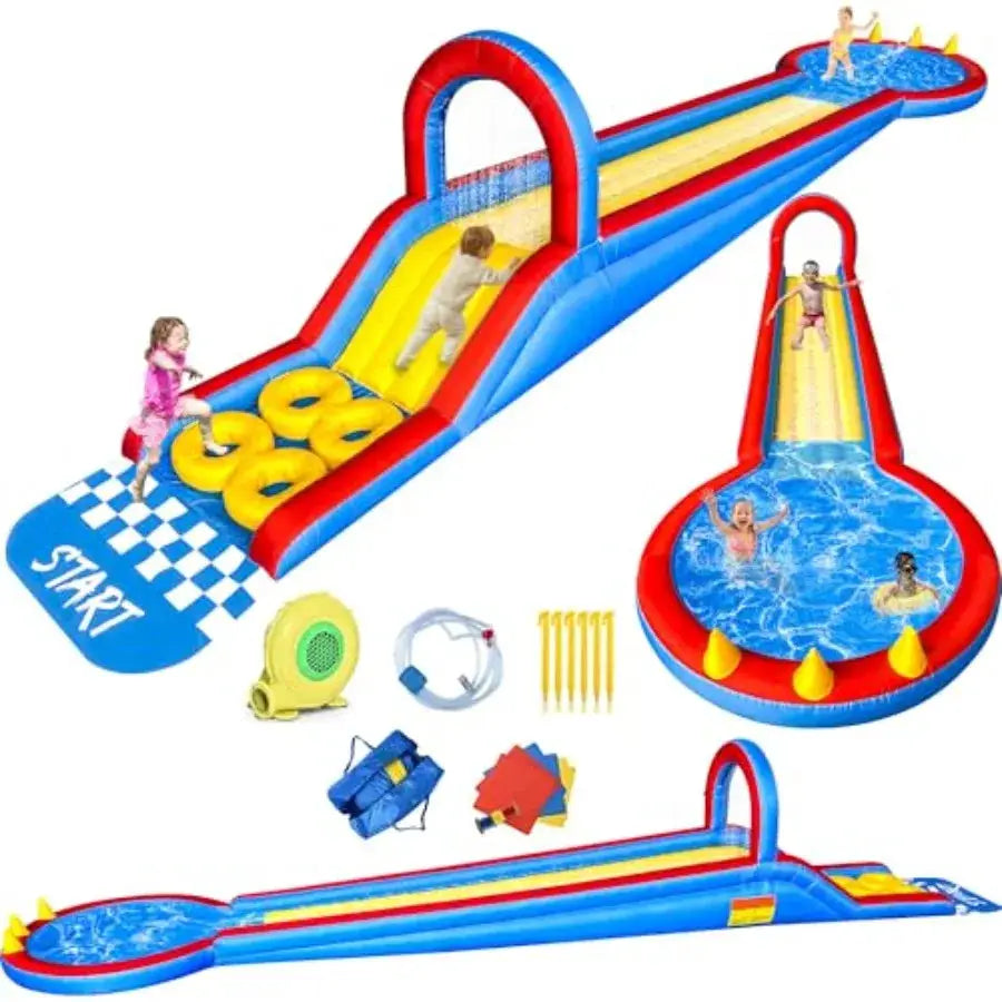 Outdoor backyard water bounce house: 31FT inflatable water slide park with obstacle courses climbing ramp splash pool overhead from PriceLows™