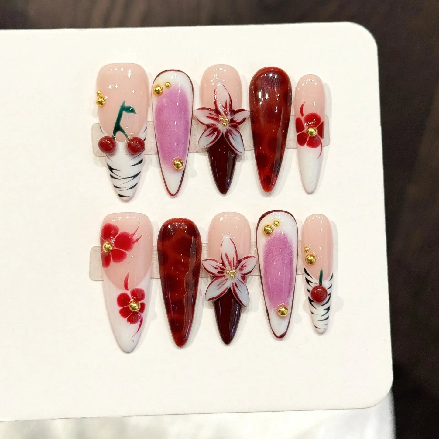 Acrylic Nails | Long Stiletto | Floral Rhinestone Design | 10 Pieces