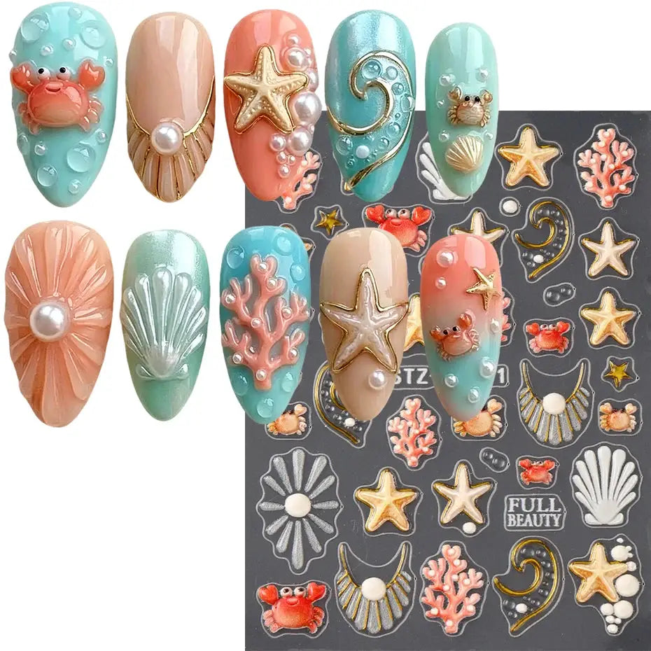 2pcs 5D Embossed Ocean Nail Art Stickers 3D Decals Starfish Coral Seashell Dolphin Crab Summer Beach Nail Decorations Manicure from PriceLows™