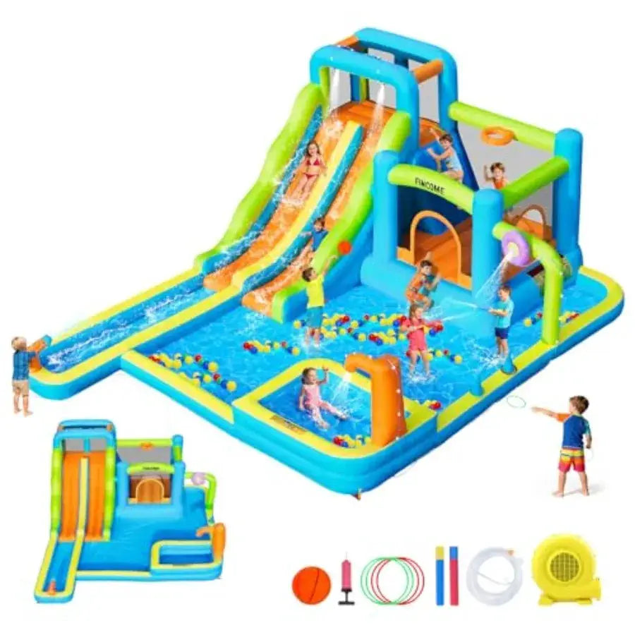 Large Inflatable Water Bouncy Castle with Double Slide for 3-10 Blue and Yellow Water Bounce House with Long Slide and Air Blow from PriceLows™