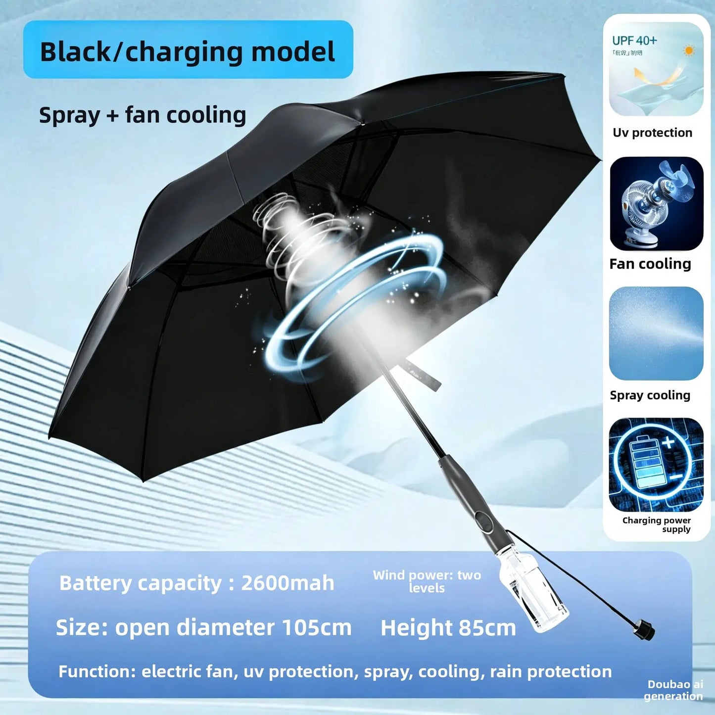 Cooling Sun Umbrella | USB Rechargeable | Built In Fan | Large