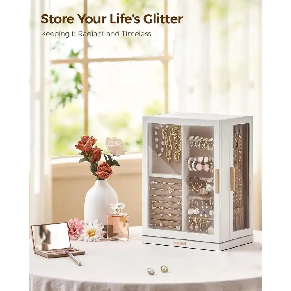 Spacious 7-Drawer Jewelry Box with Glass Lid, White, Dustproof & Moisture-Resistant from PriceLows™