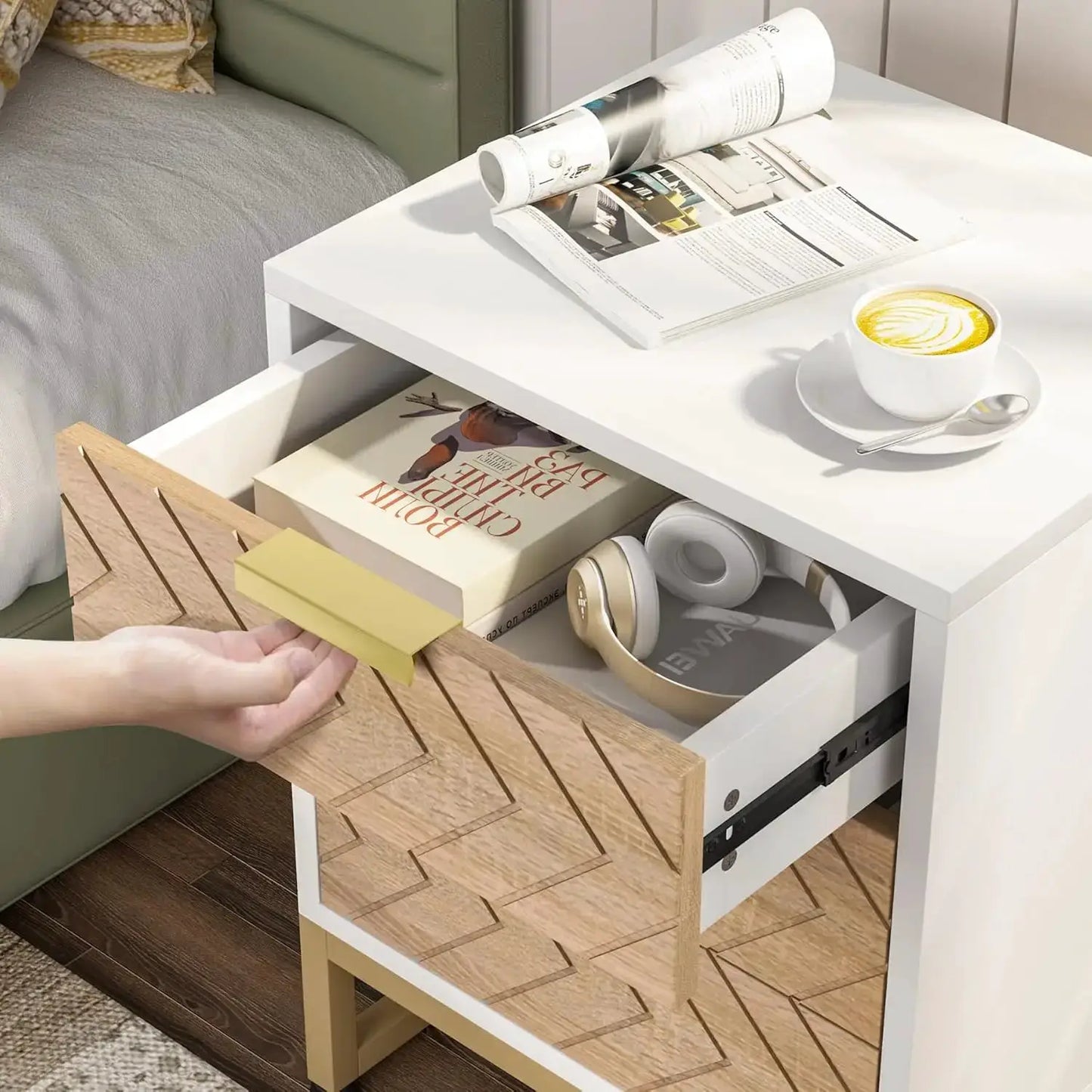 3 Drawers Nightstand, Modern Bedside Table with Unique Chevron Design, White End Side Table Night Stands for Bedroom from PriceLows™