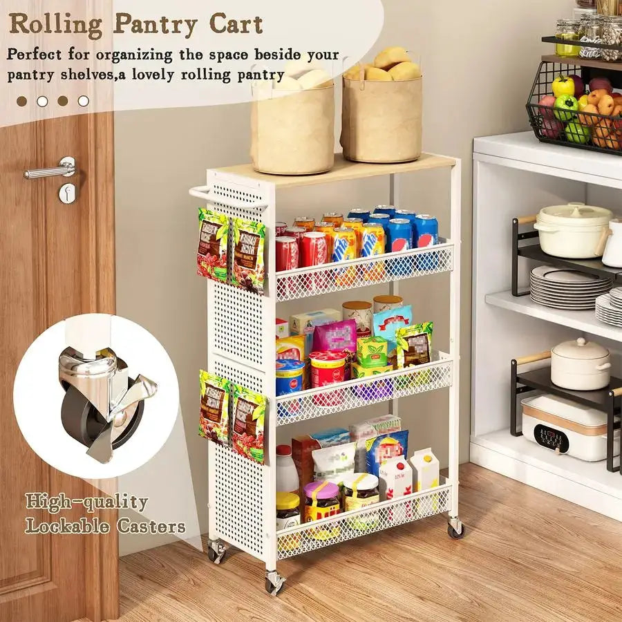 Slim Storage Cart 4 Tier Small Rolling Kitchen Laundry Room Organization Cart with Wood Top Metal Narrow Laundry Room Shelves Ca from PriceLows™