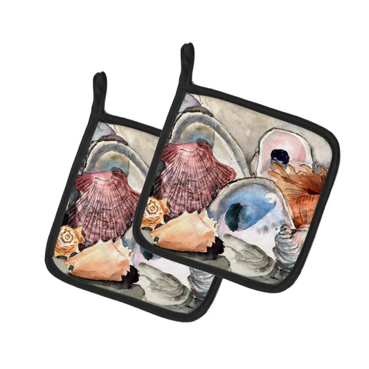 Pot Holder Set of 2 | Heat Resistant Quilted Hot Pads | 7.5 x 7.5 Inch | Sea Shells