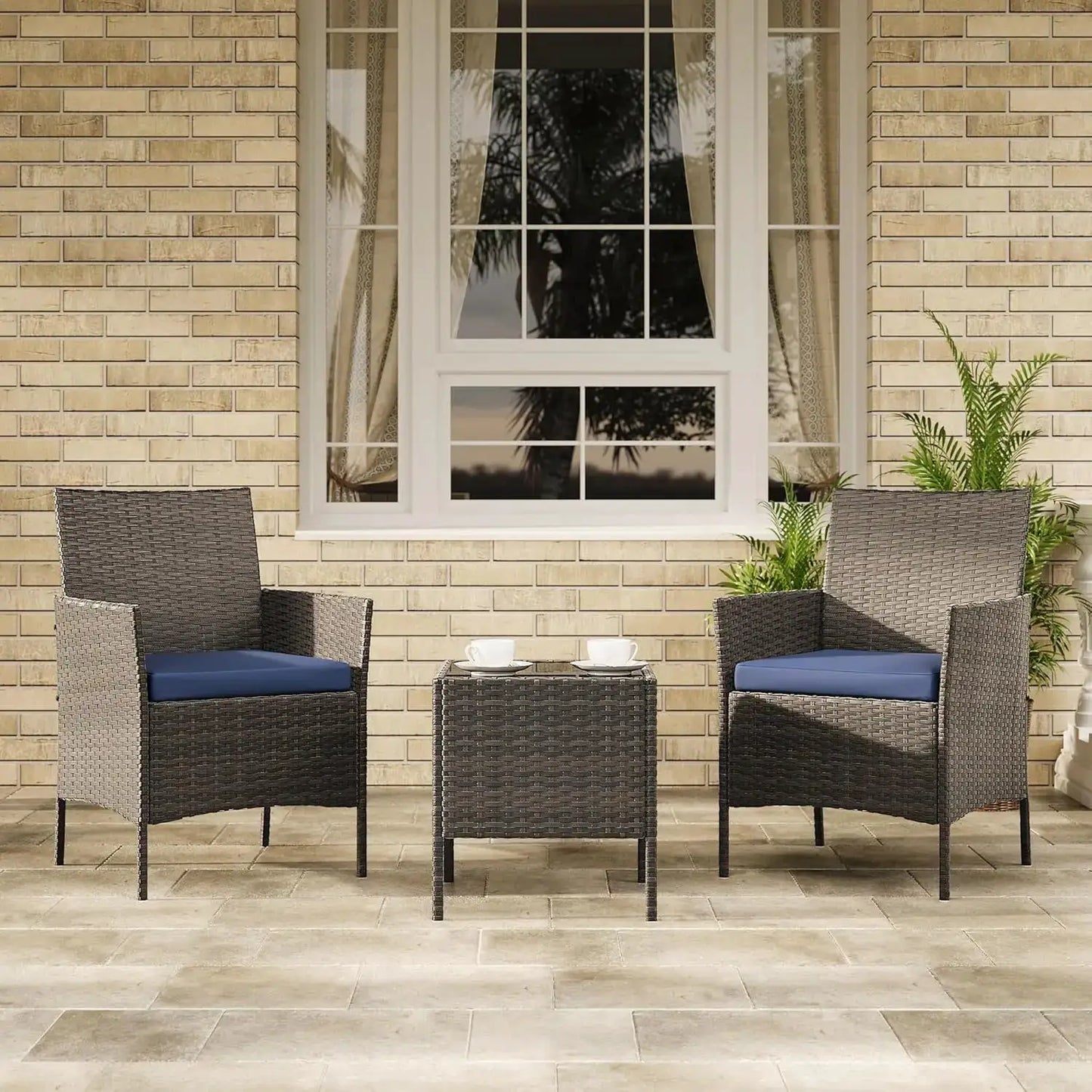 3 Piece Outdoor Patio Furniture Set, PE Rattan Wicker Chairs with Soft Cushions, Tempered Glass Coffee Table, All Weather Conversation Set for Garden Porch Poolside Balcony from PriceLows™