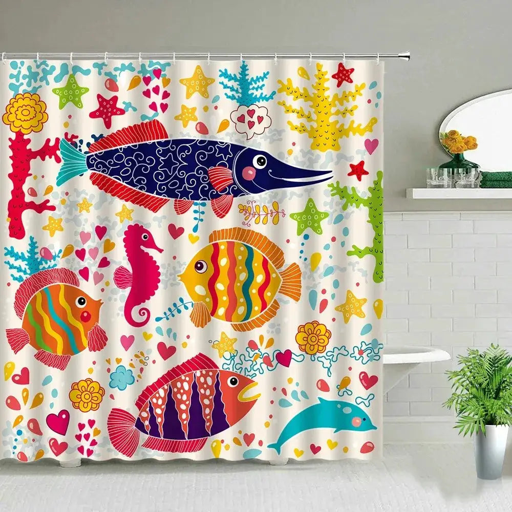 Colorful Cartoons Fish Shark Shower Curtains Ocean Life Children's Bathroom Home Decor Cloth Curtain Set Waterproof Bath Screens from PriceLows™
