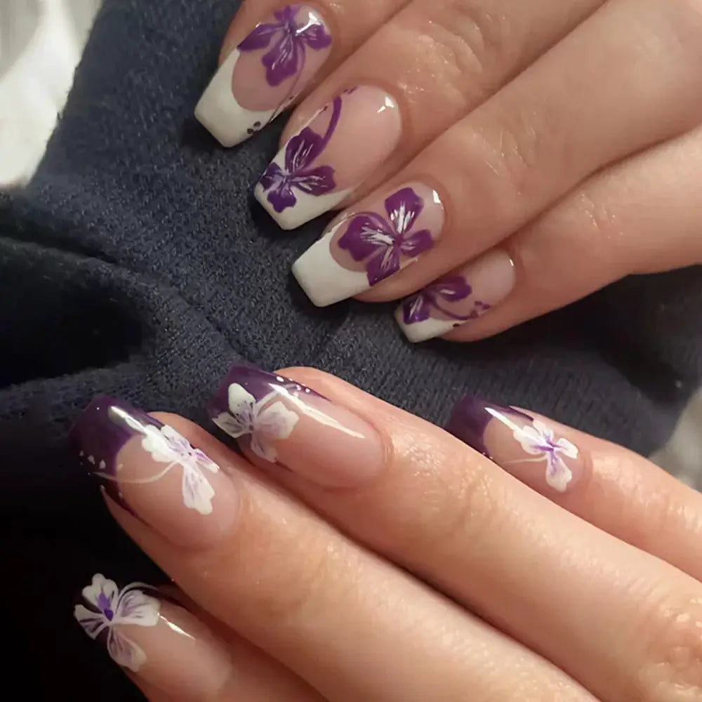 Press On Nails | Resin Coffin Shape | French Floral Print | 24 Pieces