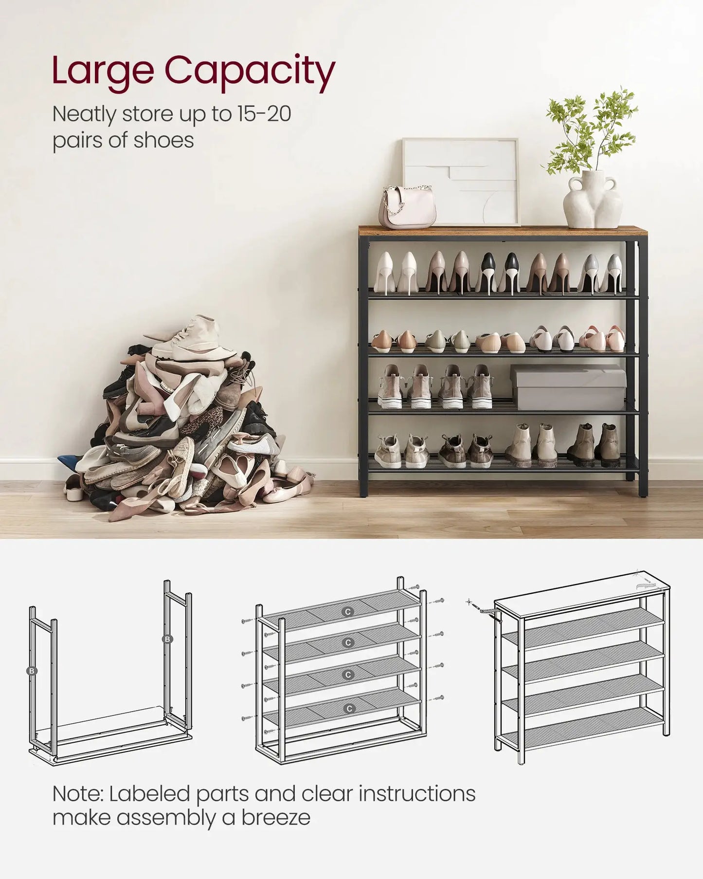 VASAGLE Shoe Rack, 5-Tier Shoe Storage Organizer with 4 Metal Mesh Shelves for 16-20 Pairs and Large Surface for Bags, for Entry from PriceLows™