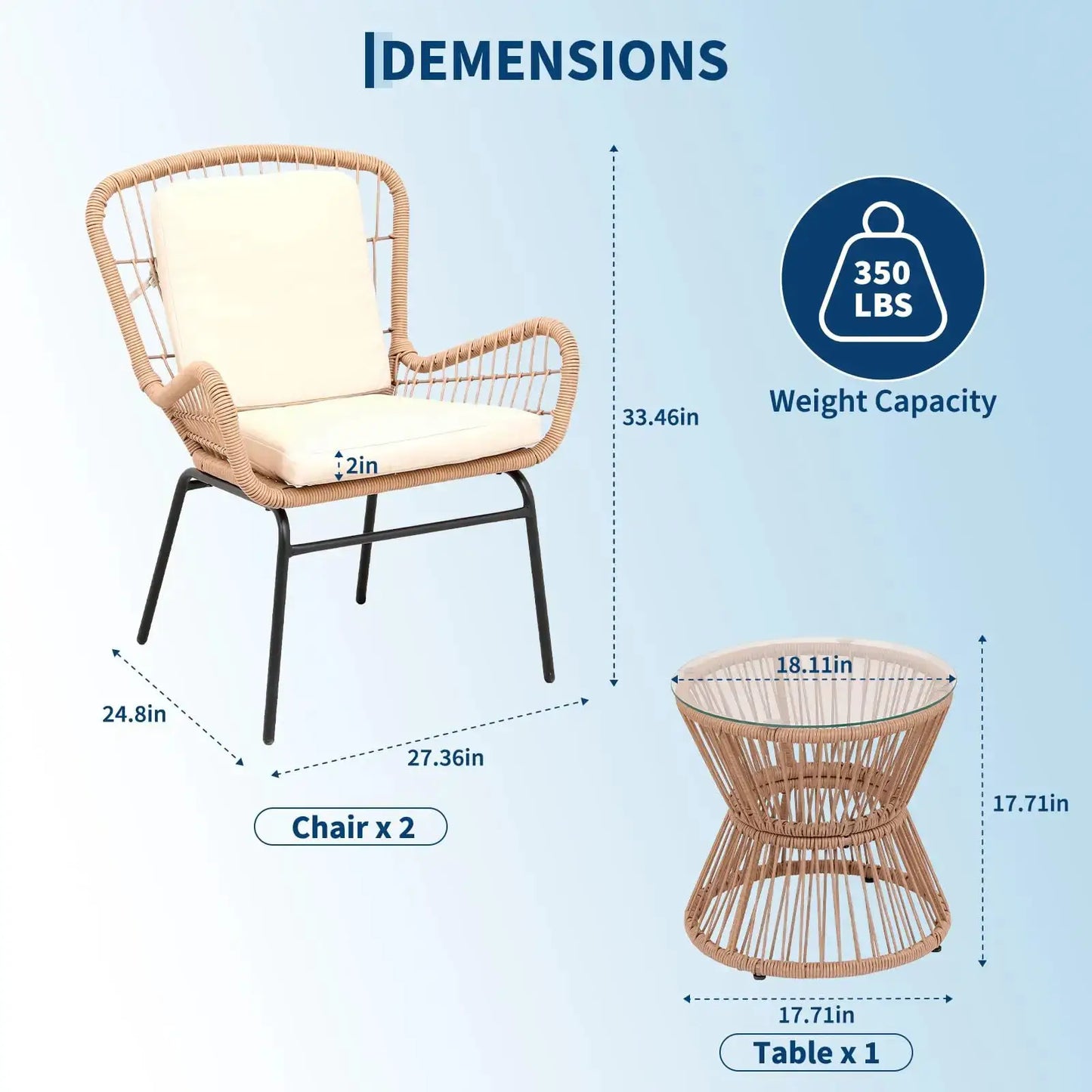 Boho 3PCS Patio Furniture Set, Outdoor PE Rattan Bistro Set With 2 Wide Cushioned Chairs & Glass Table For Deck Porch Poolside from PriceLows™