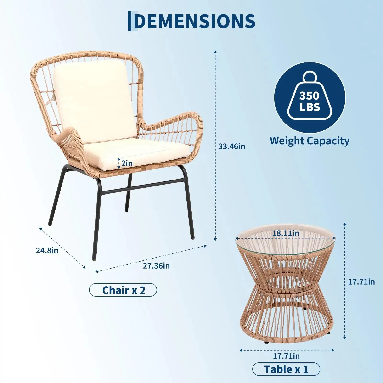 Boho 3PCS Patio Furniture Set, Outdoor PE Rattan Bistro Set With 2 Wide Cushioned Chairs & Glass Table For Deck Porch Poolside from PriceLows™
