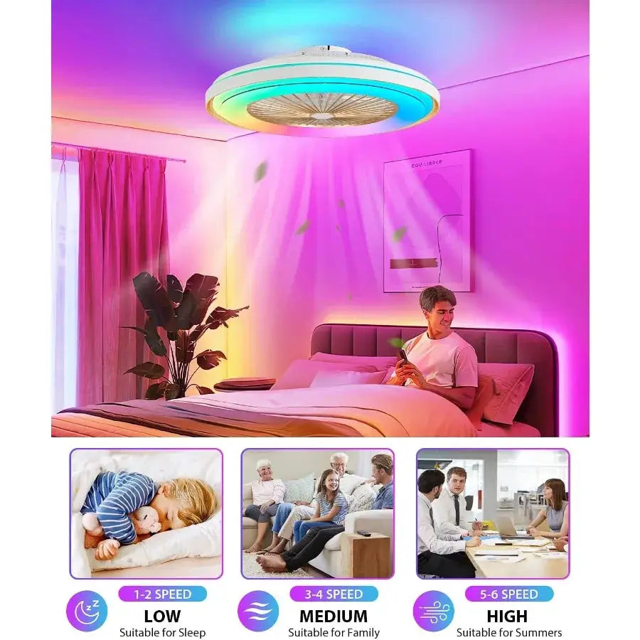 2in1 Low Profile Ceiling Fan with Light 24 Caged Safety Design for RGB Color Smart APP Remote Control Quiet Flush Mount DC Moto from PriceLows™