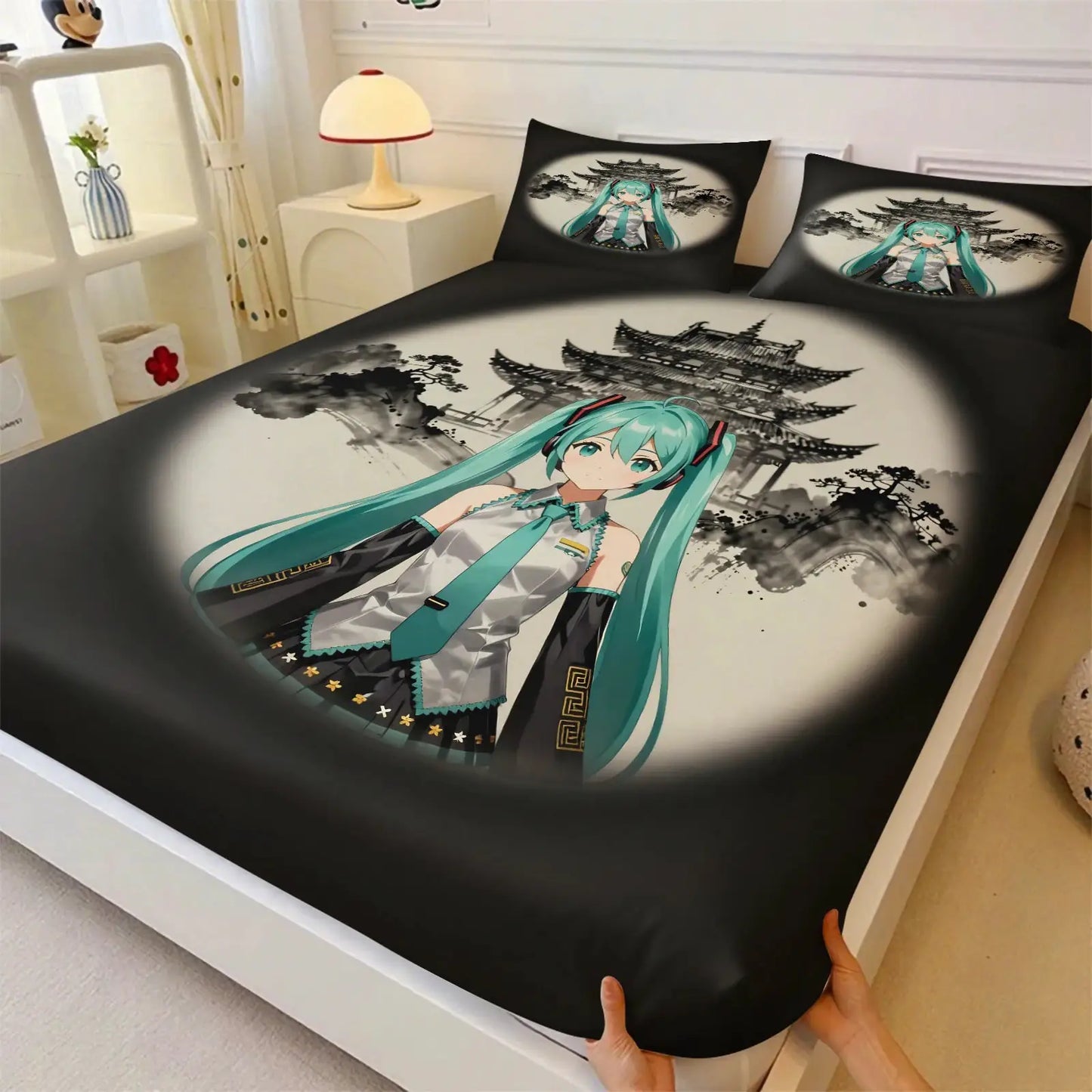 3Pcs Hatsune Miku Fitted Sheet Set with 2 Pillowcases Ink Wash Temple Anime Bedding Set Soft Deep Pocket for Fan Bedroom Decor from PriceLows™