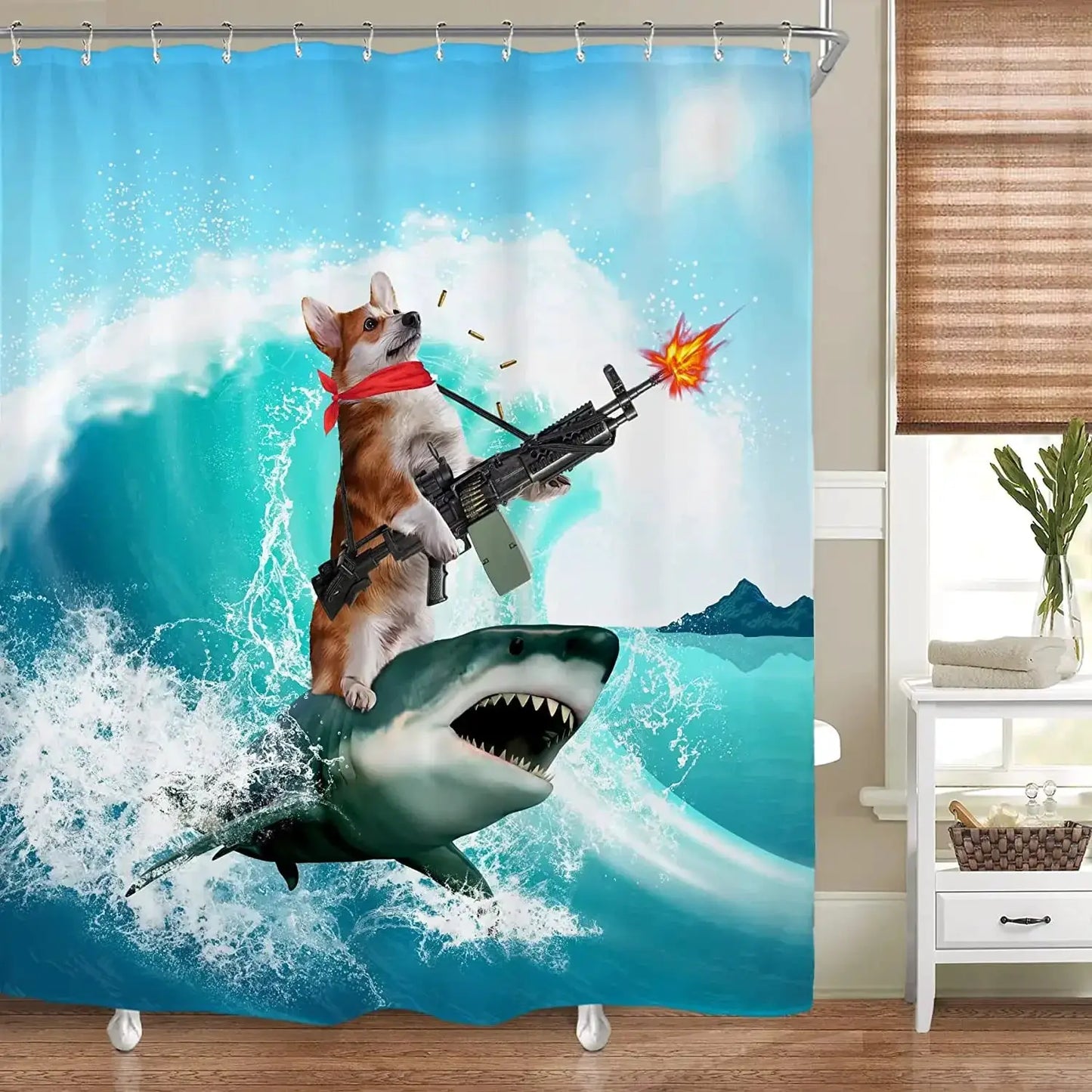 Funny Kids Shower Curtains For Bathroom Decor Corgi Cute Dog Riding Shark Nautical Ocean Boys Animal Hilarious Fabric Polyester from PriceLows™
