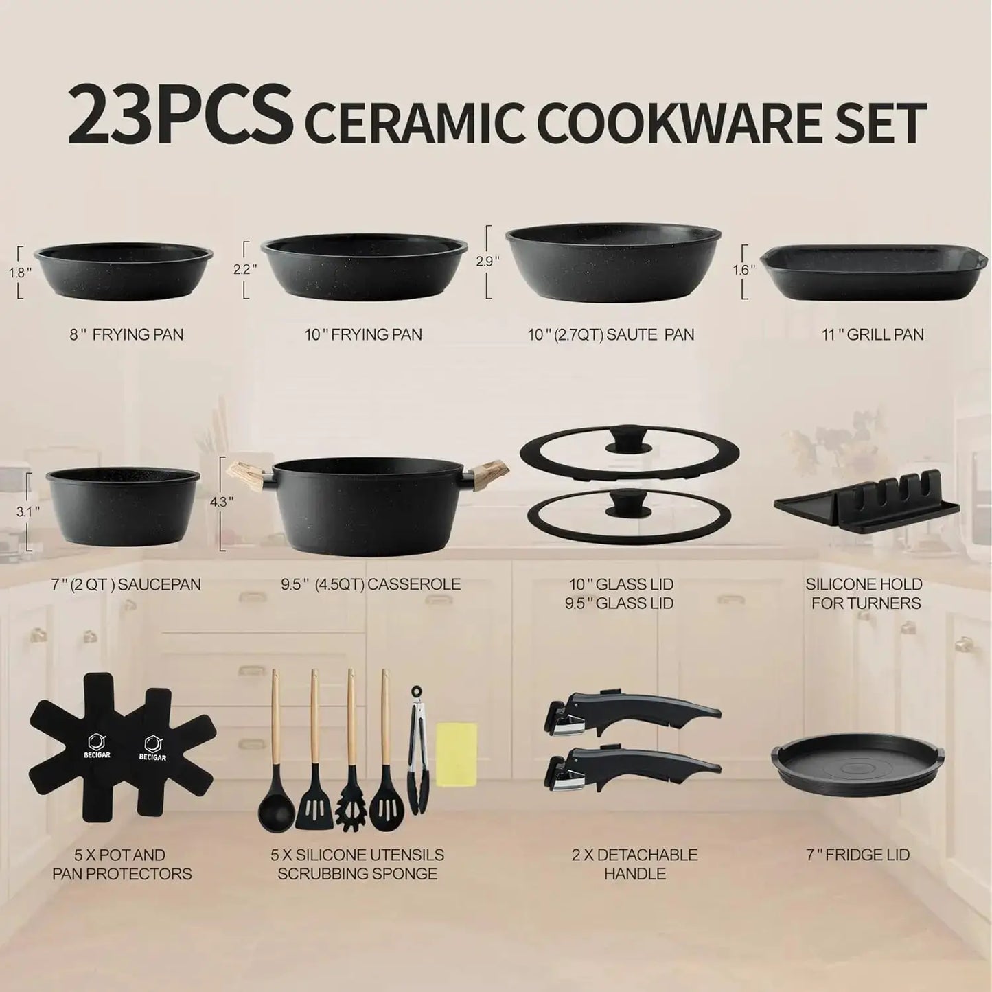 23pcs Ceramic Pots and Pans Set, Nonstick Detachable Handle Cookware, Induction Kitchen Cooking Set with Removable Handle, Frying Pans & Saucepans Oven Safe (Black) from PriceLows™