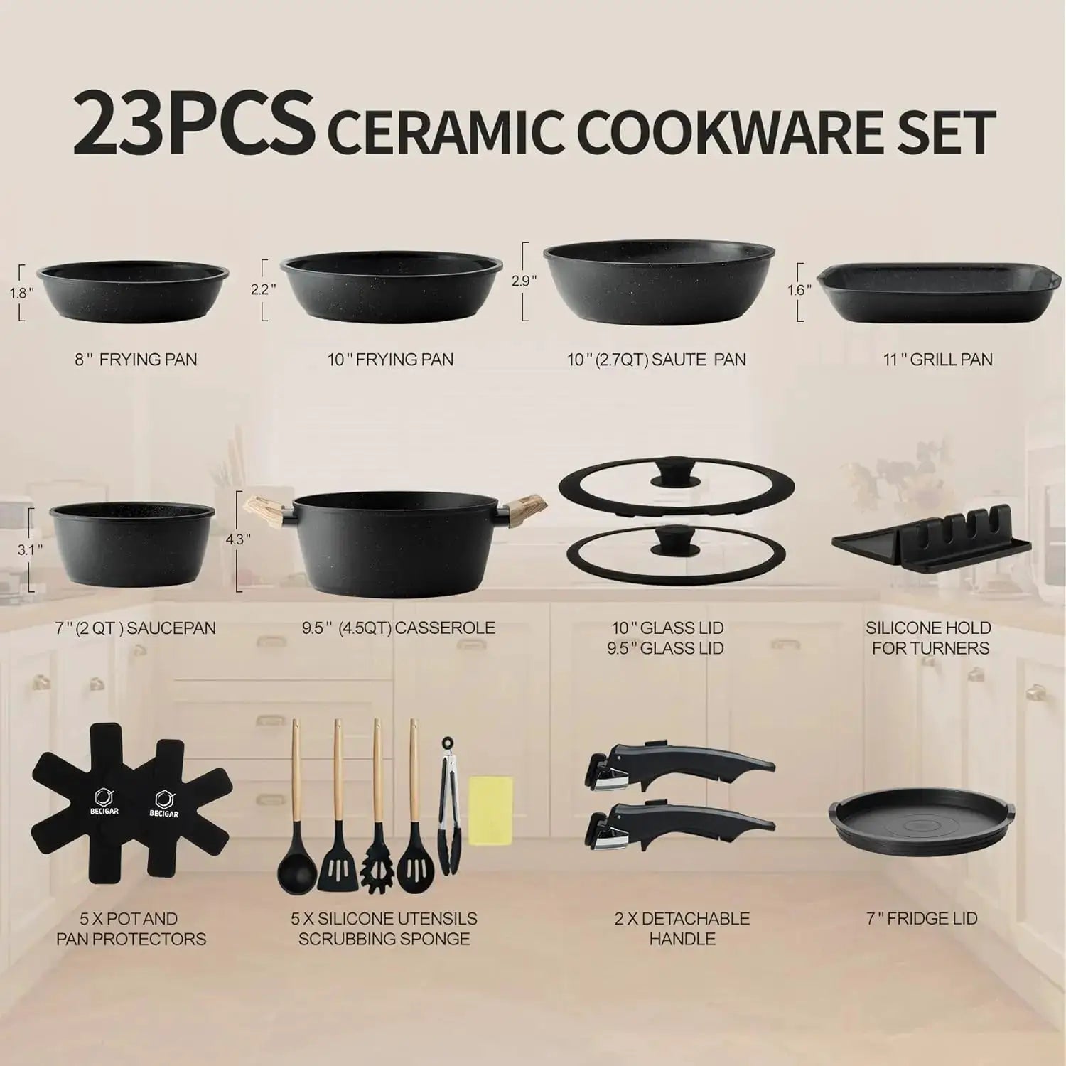 23pcs Ceramic Pots and Pans Set, Nonstick Detachable Handle Cookware, Induction Kitchen Cooking Set with Removable Handle, Frying Pans & Saucepans Oven Safe (Black) from PriceLows™