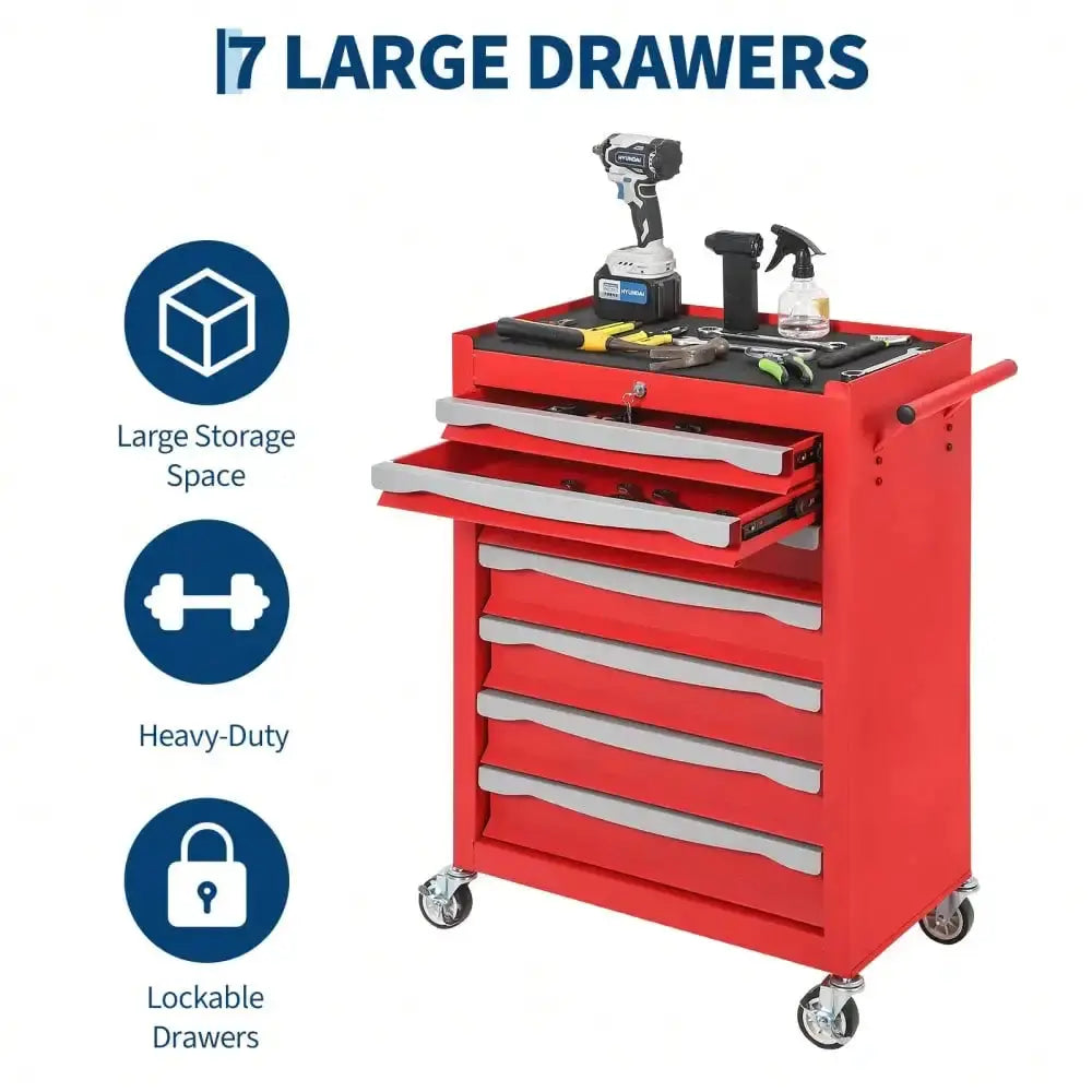 7-Drawer Tool Chest, Rolling Tool Cart With Wheels, Large Capacity Tool Storage Cabinet With Keyed Locking, Drawer Liners&Link Buckle, For Garage, Workshop, Warehouse,24.21"L * 13.78"W * 34.06"H from PriceLows™