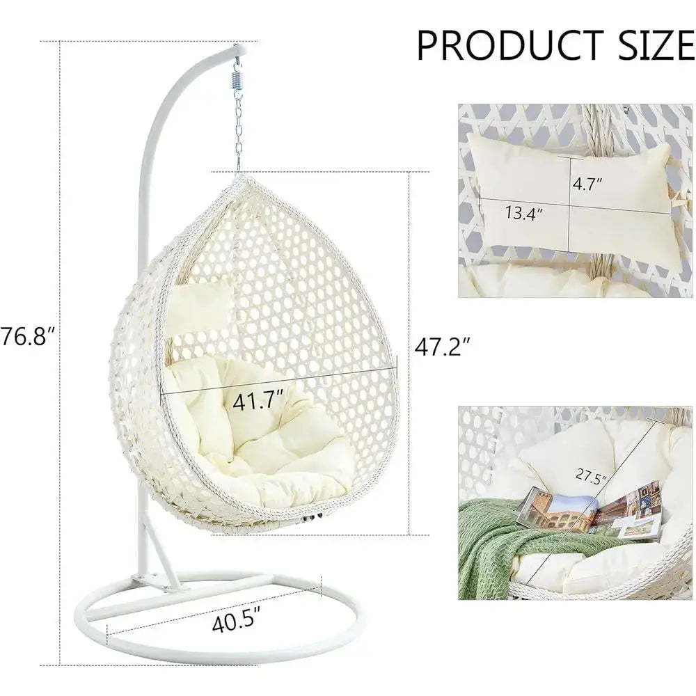 White Outdoor Indoor Hanging Egg Chair with Stand & Cushions, Perfect for Patio, Balcony, Backyard, and Living Spaces from PriceLows™