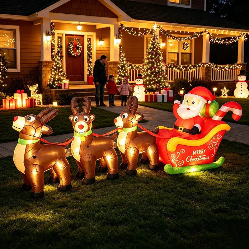 Christmas Inflatable Santa Sleigh | 9.8Ft LED | 3 Reindeer | Garden Lawn