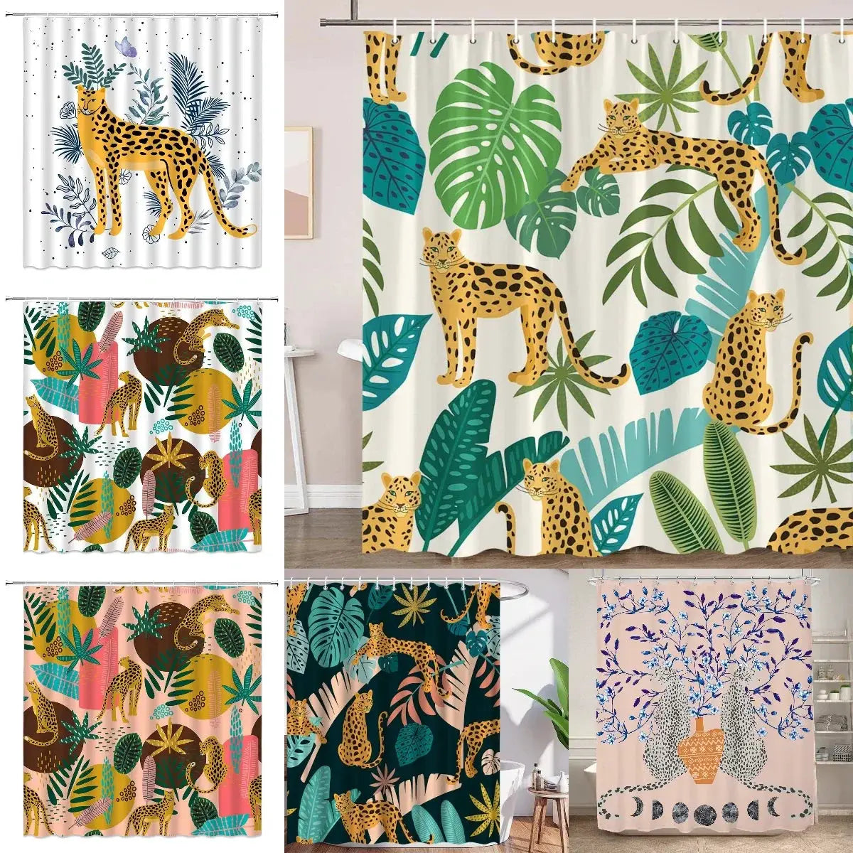 Boho Cheetah Shower Curtain,Tropical Leopard Wildlife Bath Curtain,Modern Pink Aesthetic Moon Phase Blue Floral Bathroom Curtain from PriceLows™