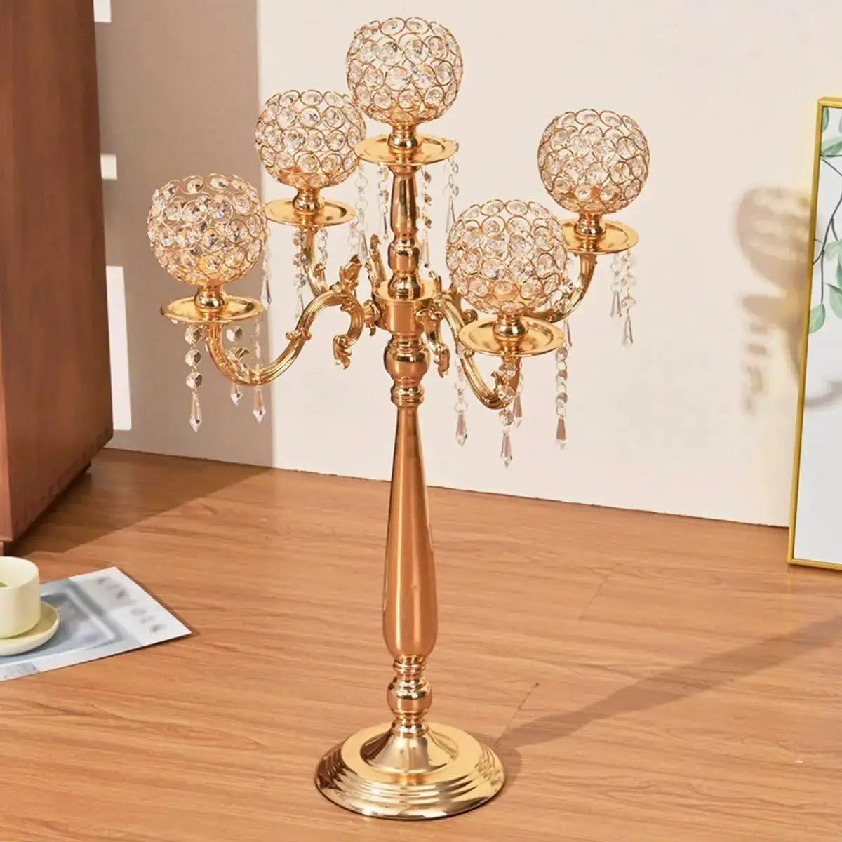 Candelabra | 5 Arm | Gold Metal And Crystal | Table Centerpiece