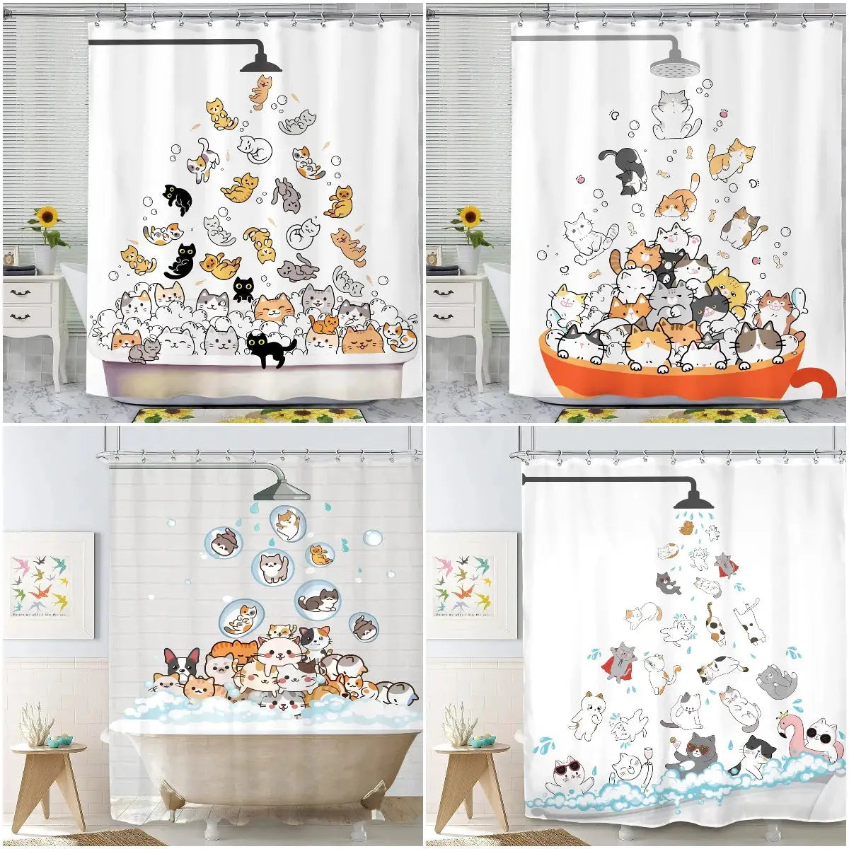 Cute Animals Bathing Cats Dogs Cartoon Shower Curtain Bath Head Bathtub Pattern Kids Child Bathroom Decor Polyester Bath Curtain from PriceLows™
