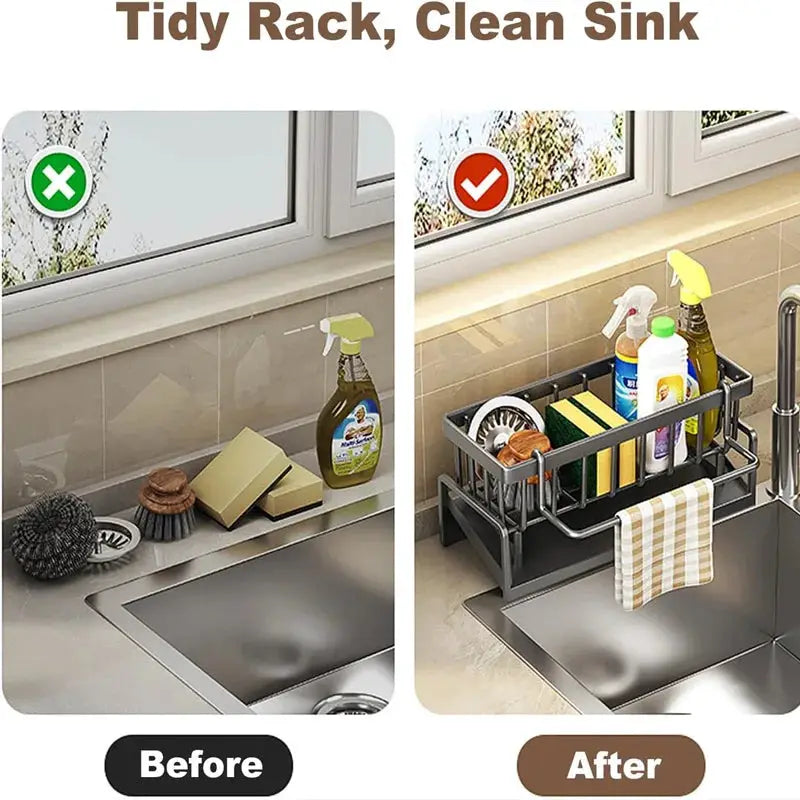 Kitchen Sink Organizer Carbon Steel with Tilted Water Tray Storage Rack for Sponge Brush 23×9×10cm from PriceLows™